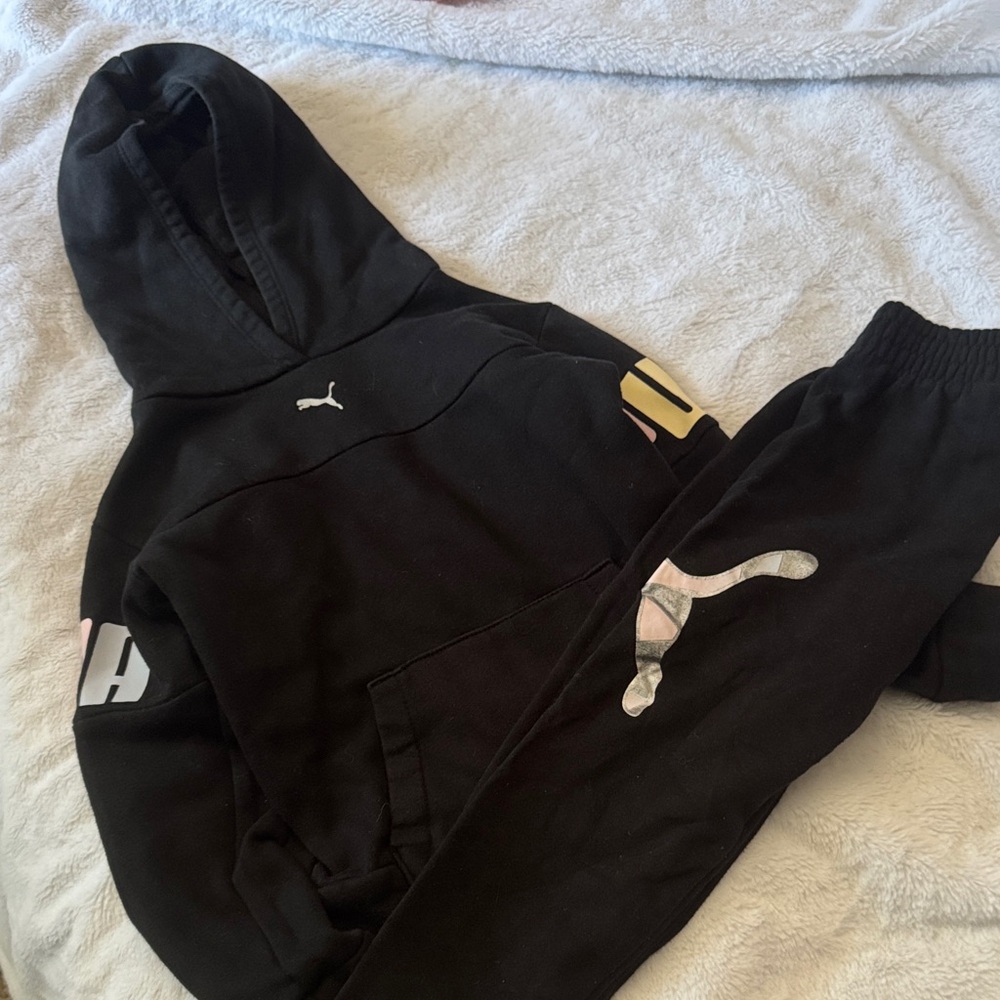 Puma Black Kids Sweatpants & Hoodie with Metallic Logo Accents